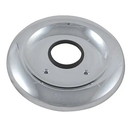 Kludi Ersatzteil, runde Chrom-Rosette mit mittigem Loch und zwei Schraublöchern. Oberflächenverarbeitung reflektierend, geeignet für bestimmte Armaturenmodelle.